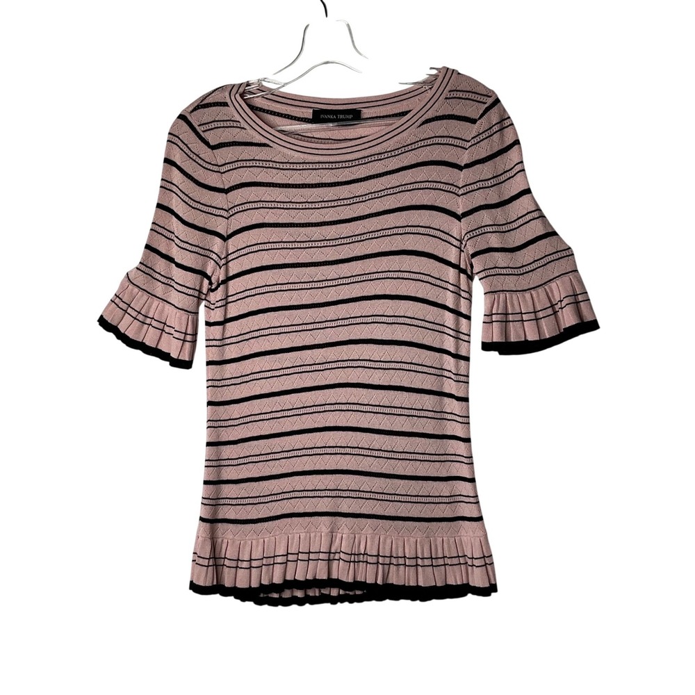 Ivanka Trump Pink Black Striped Pointelle‎ Knit Bell Sleeve Ruffle Hem Top Small
